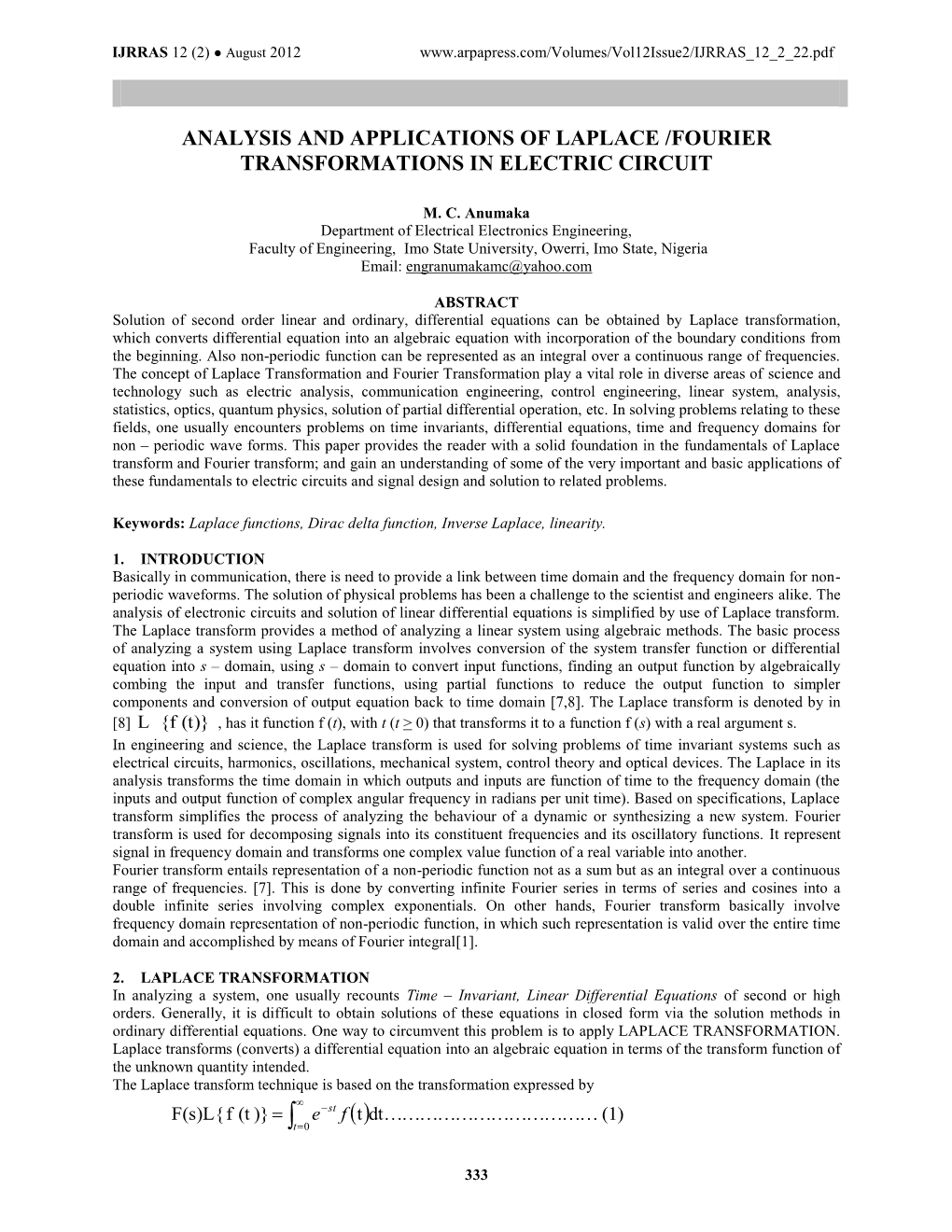 Applications Of Laplace Transformation And Fourier Series In