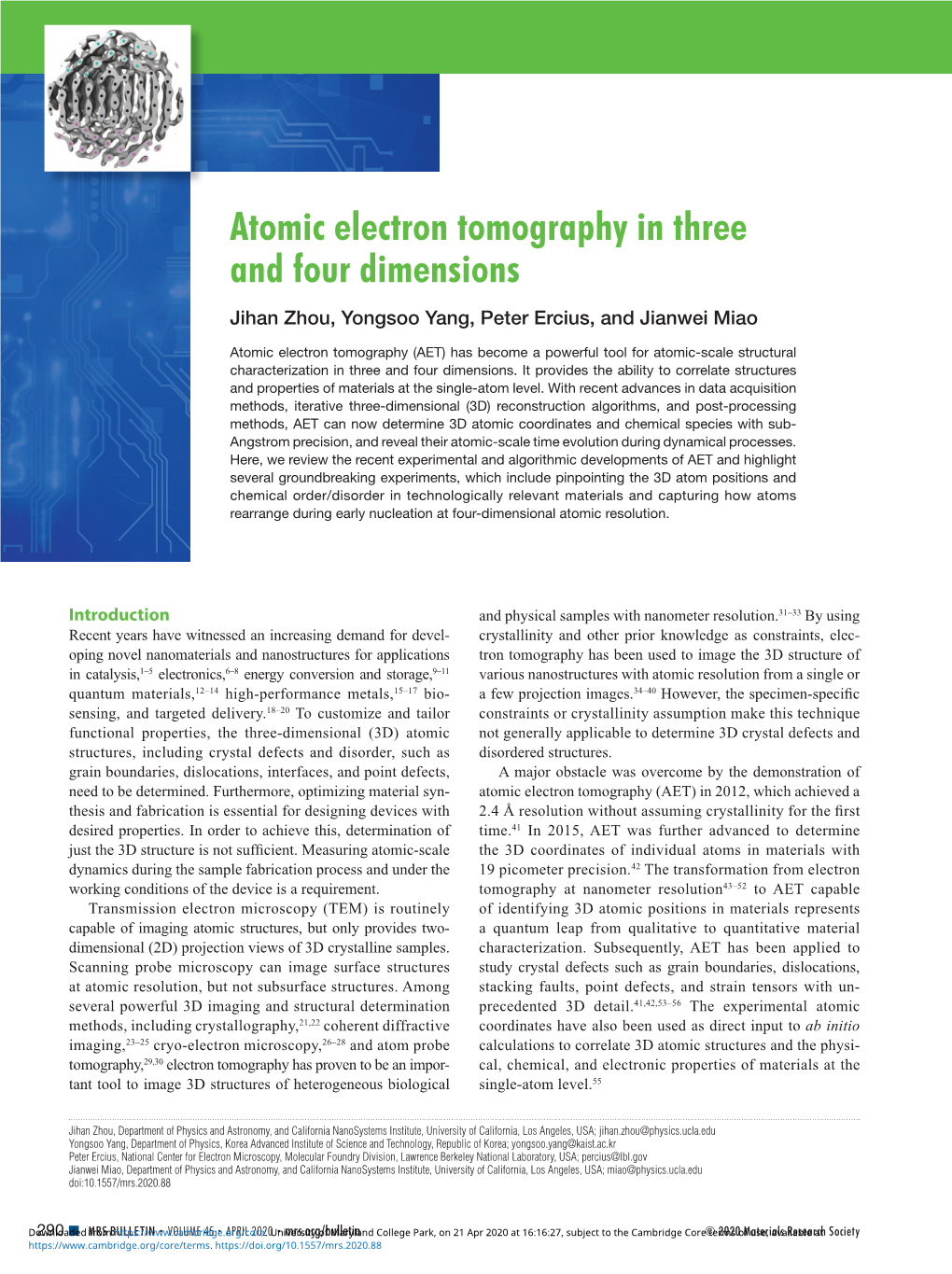 Atomic Electron Tomography In Three And Four Dimensions Jihan Zhou