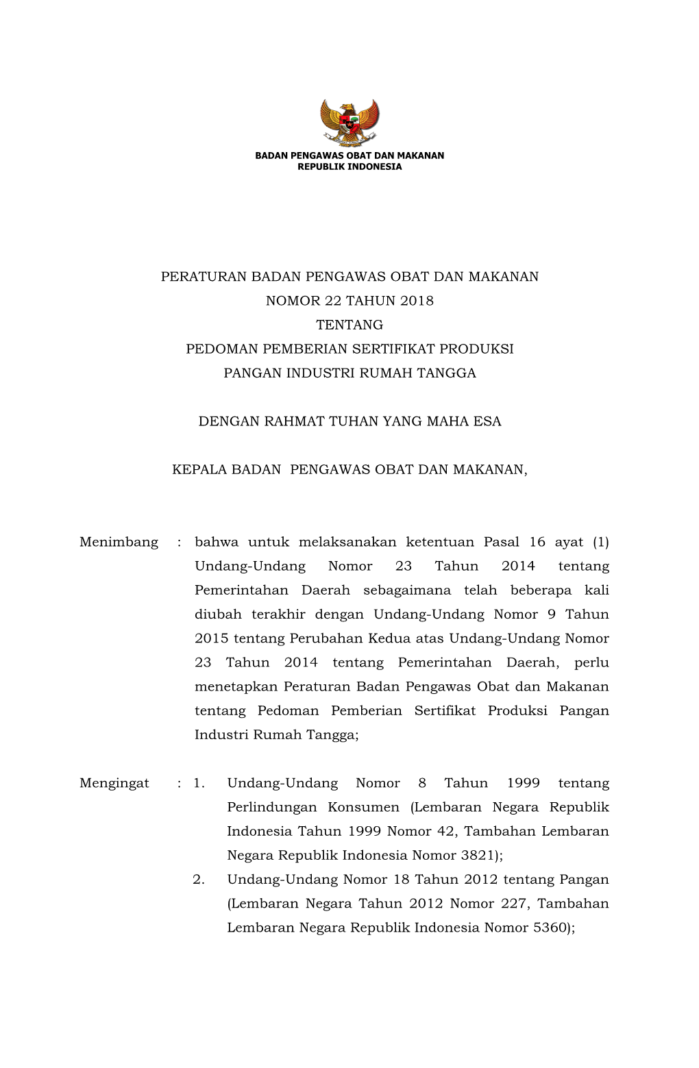 Pedoman Pemberian Sertifikat Produksi Pangan Industri Rumah Tangga