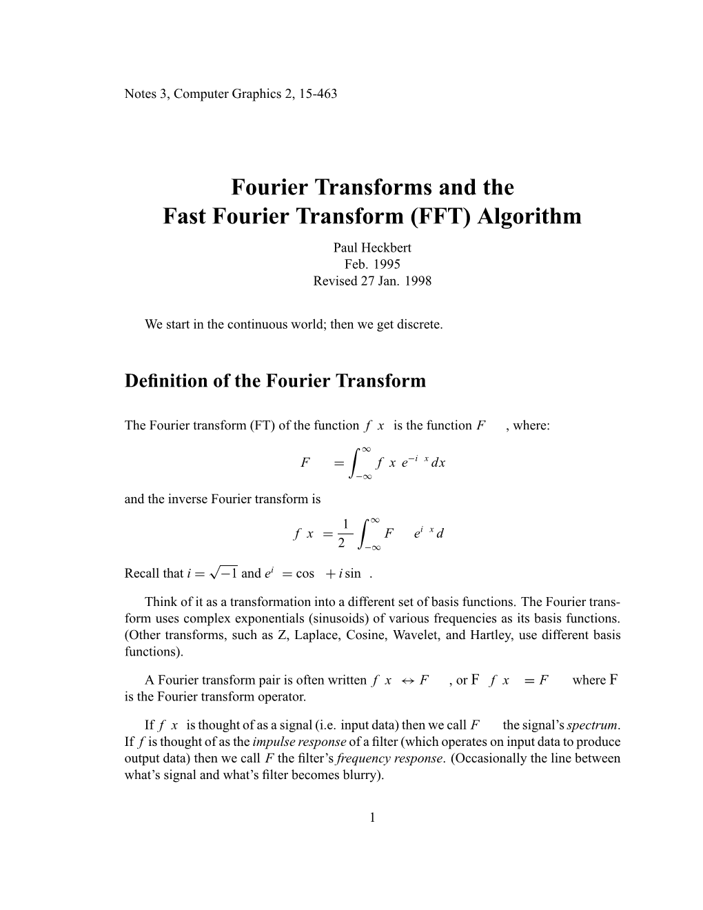 Fourier Transforms And The Fast Fourier Transform Fft Algorithm Paul