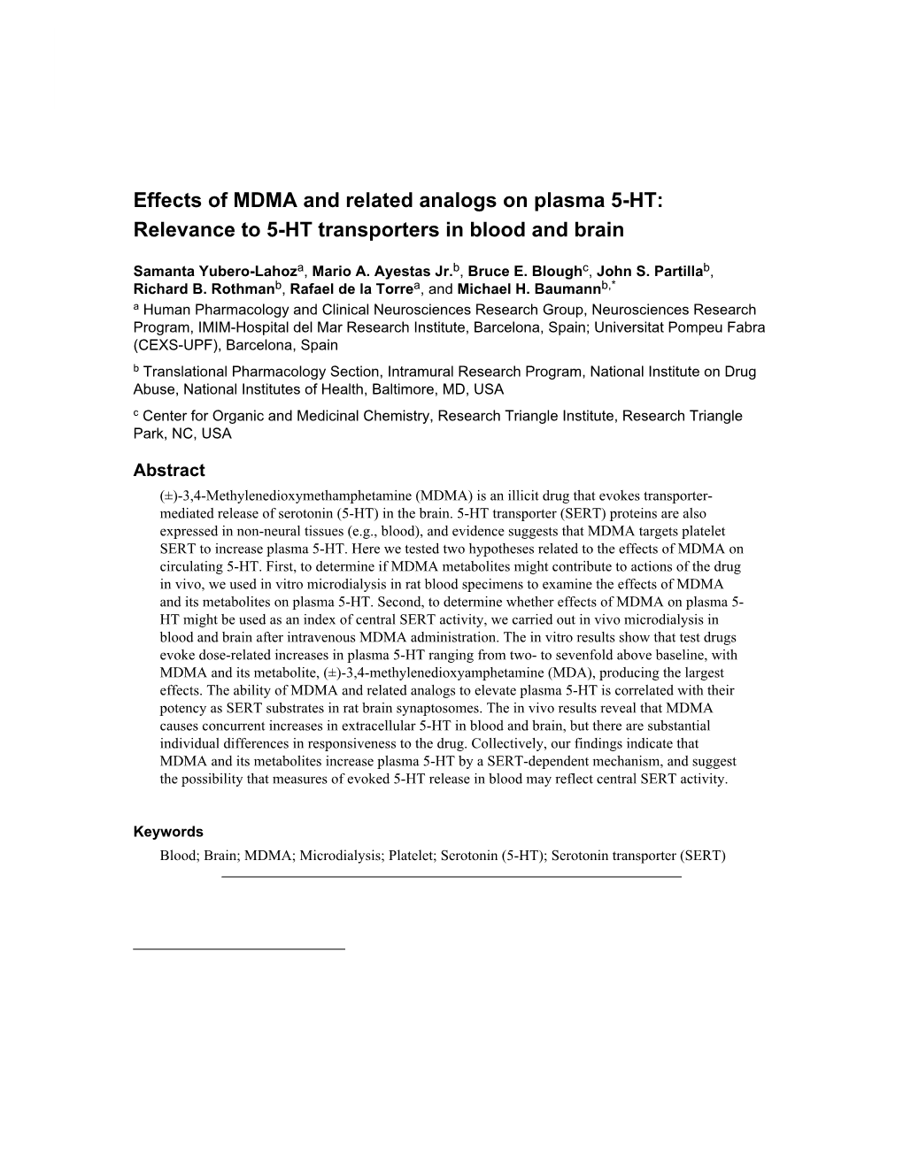 Effects Of Mdma And Related Analogs On Plasma Ht Relevance To Ht