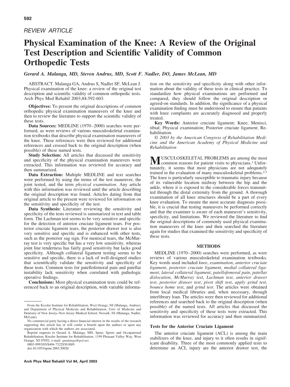 Physical Examination Of The Knee A Review Of The Original Test