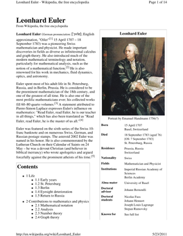 Leonhard Euler - Wikipedia, the Free Encyclopedia Page 1 of 14