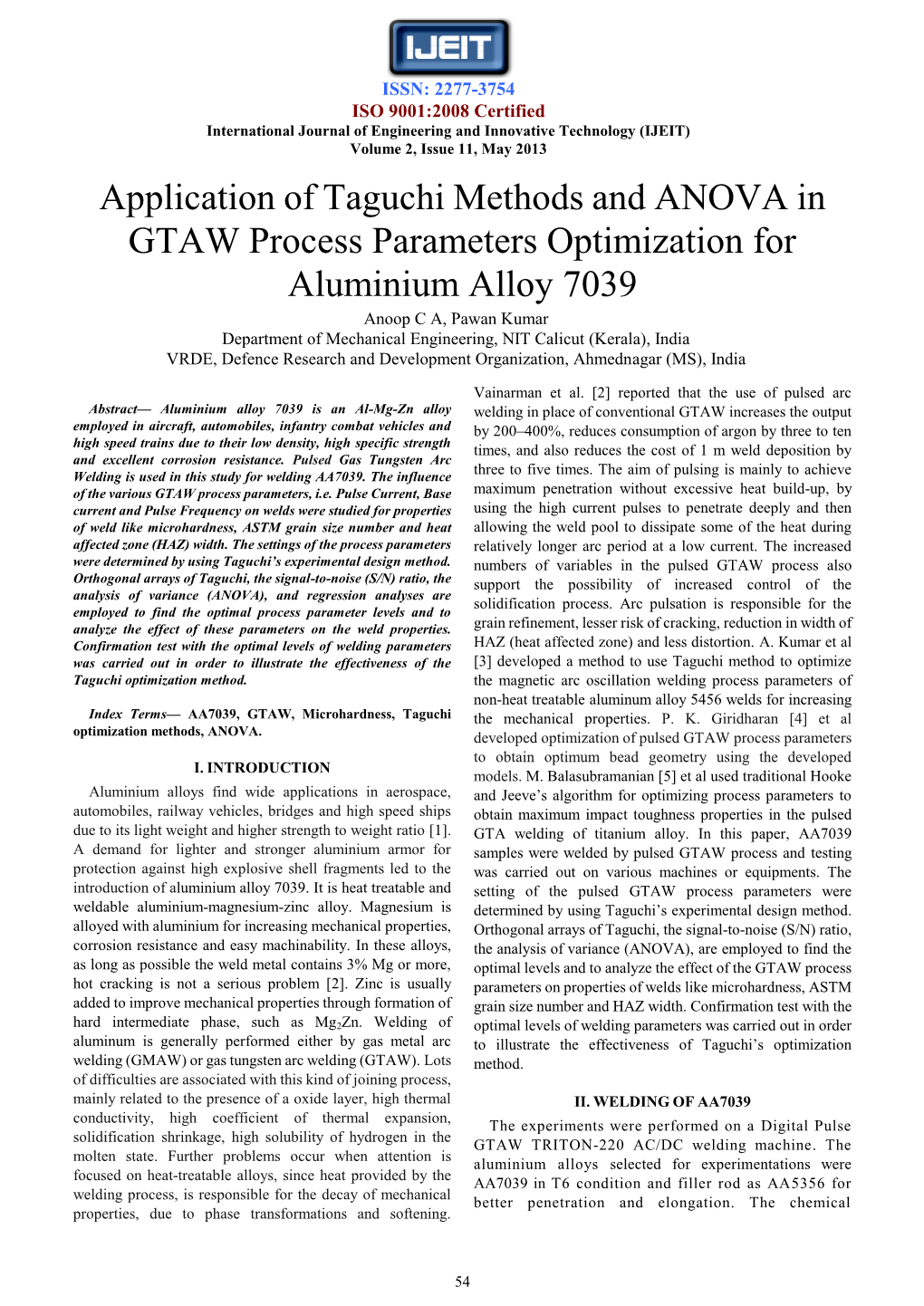 Application Of Taguchi Methods And ANOVA In GTAW Process DocsLib