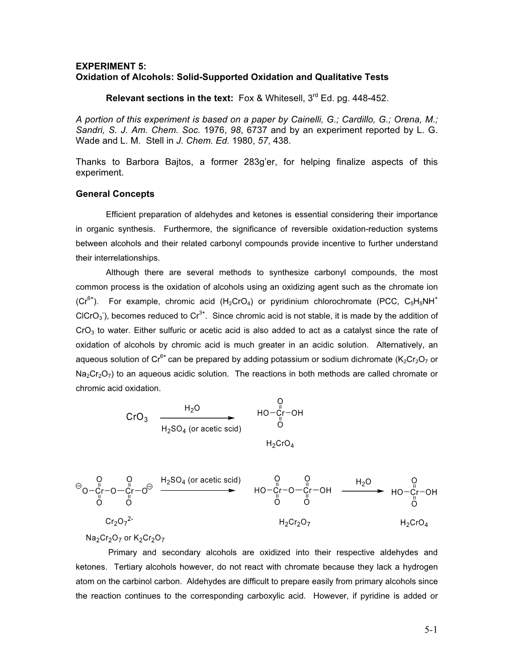 EXPERIMENT 5 Oxidation Of Alcohols Solid Supported Oxidation And