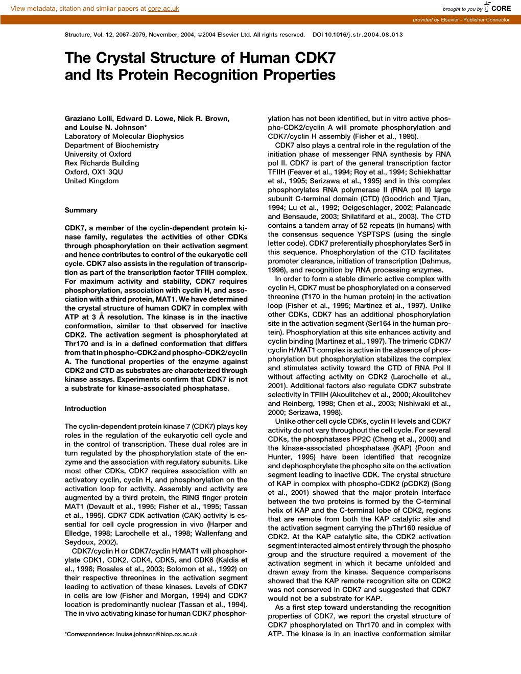 The Crystal Structure Of Human Cdk And Its Protein Recognition