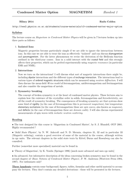 Condensed Matter Option MAGNETISM Handout 1