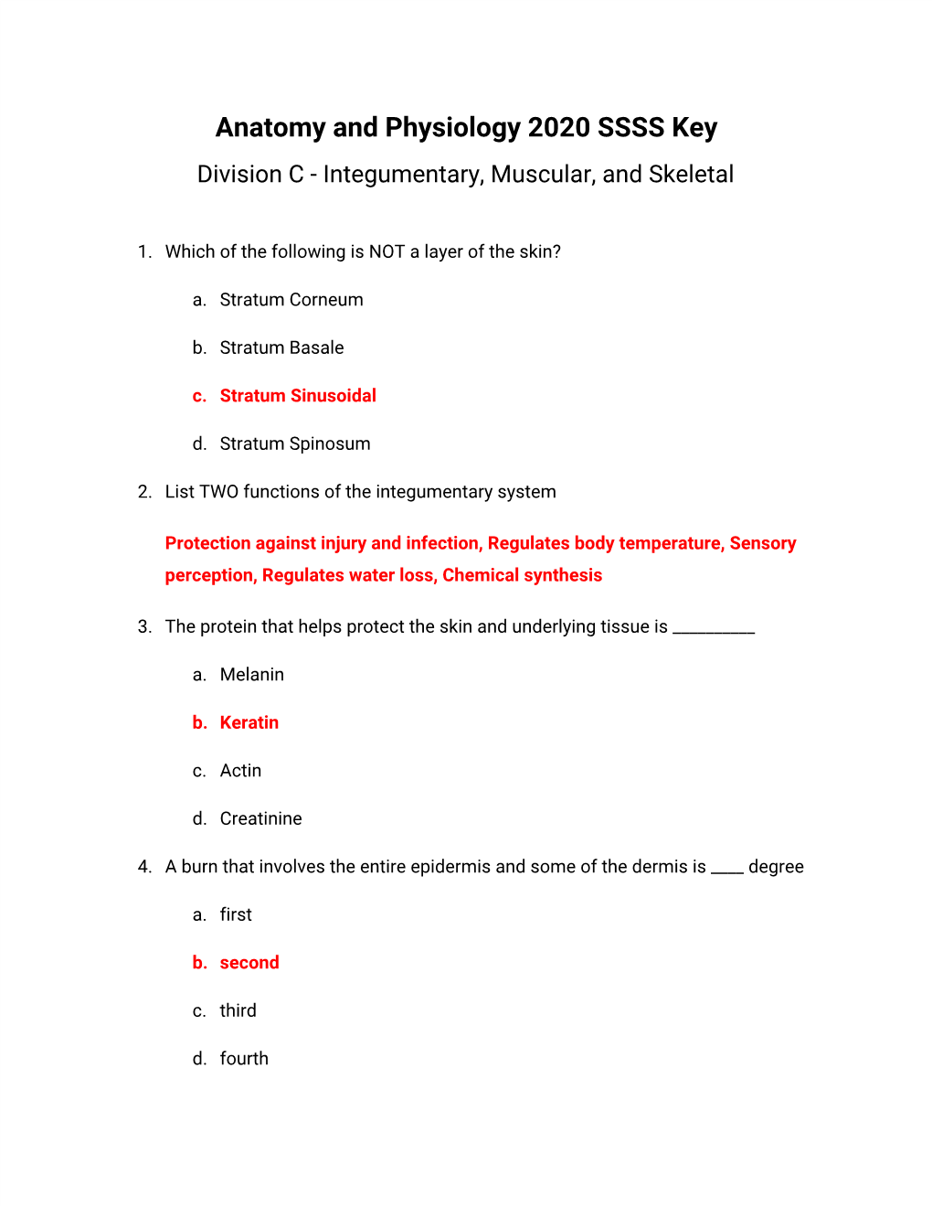 Anatomy And Physiology 2020 SSSS Key Division C Integumentary