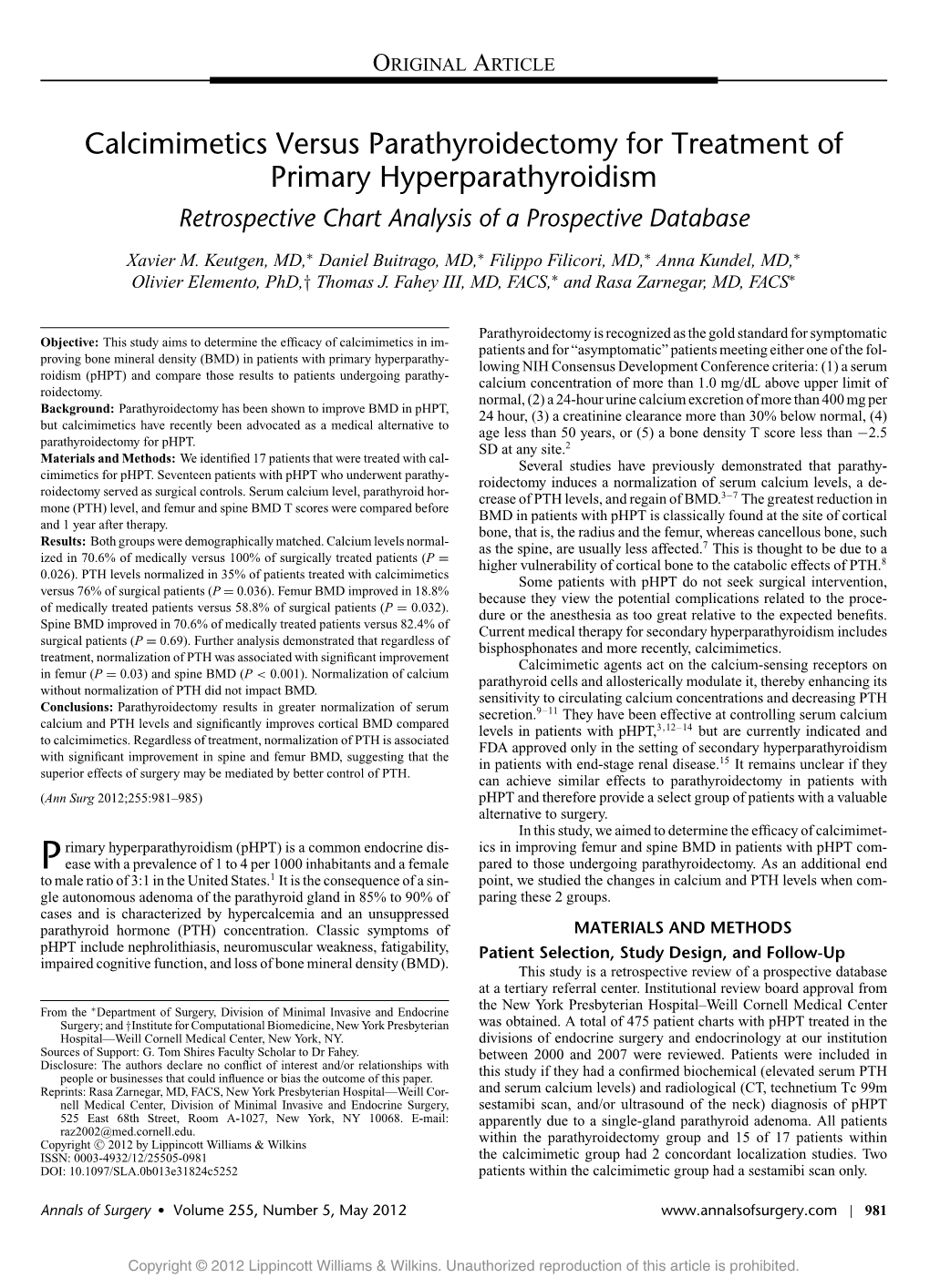 Calcimimetics Versus Parathyroidectomy For Treatment Of Primary