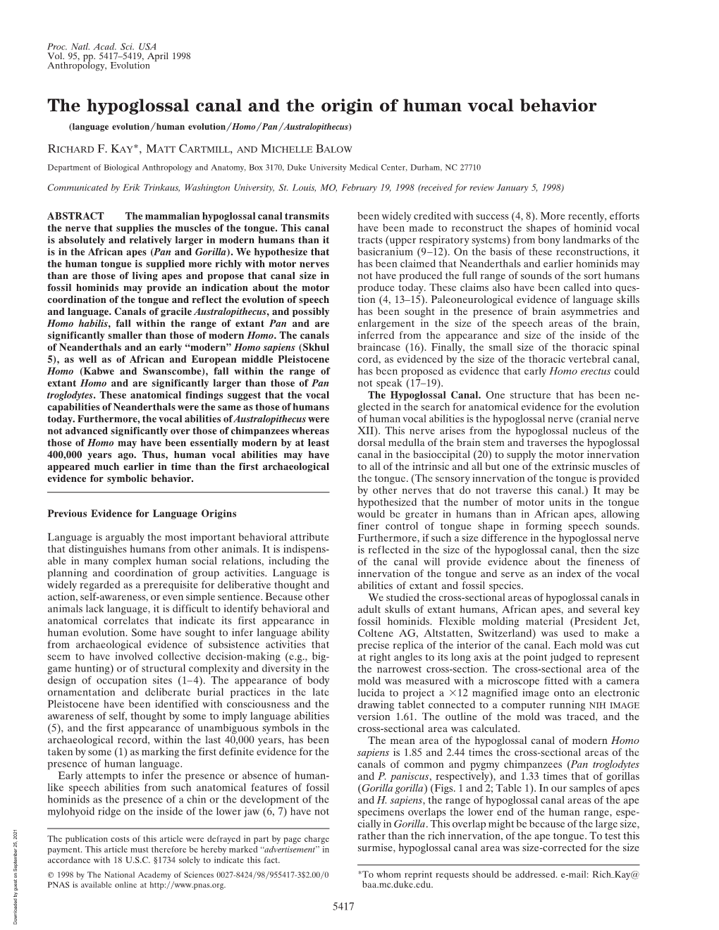 The Hypoglossal Canal And The Origin Of Human Vocal Behavior Language