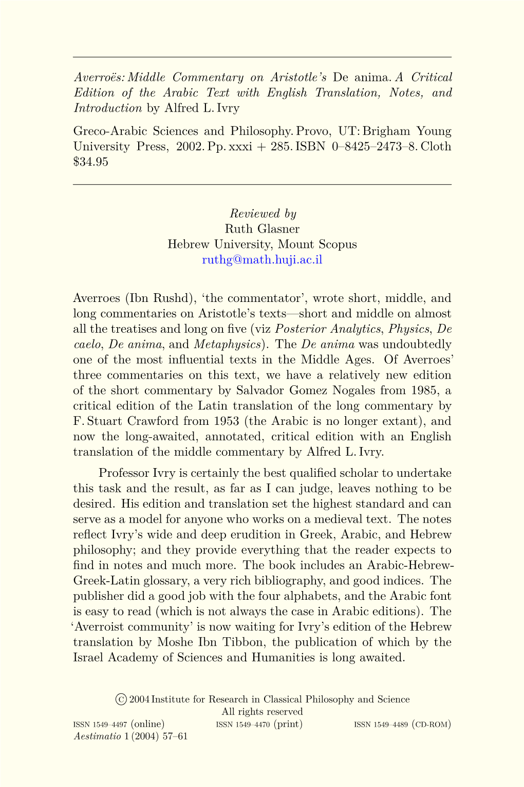 Averroës:Middle Commentary on Aristotle's De Anima. a Critical