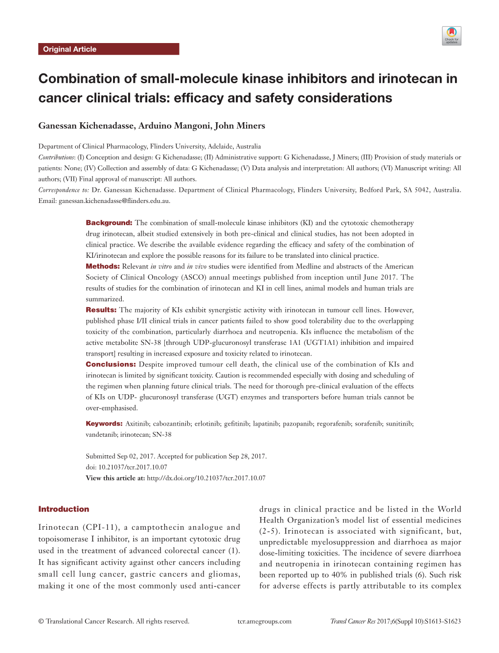 Combination Of Small Molecule Kinase Inhibitors And Irinotecan In