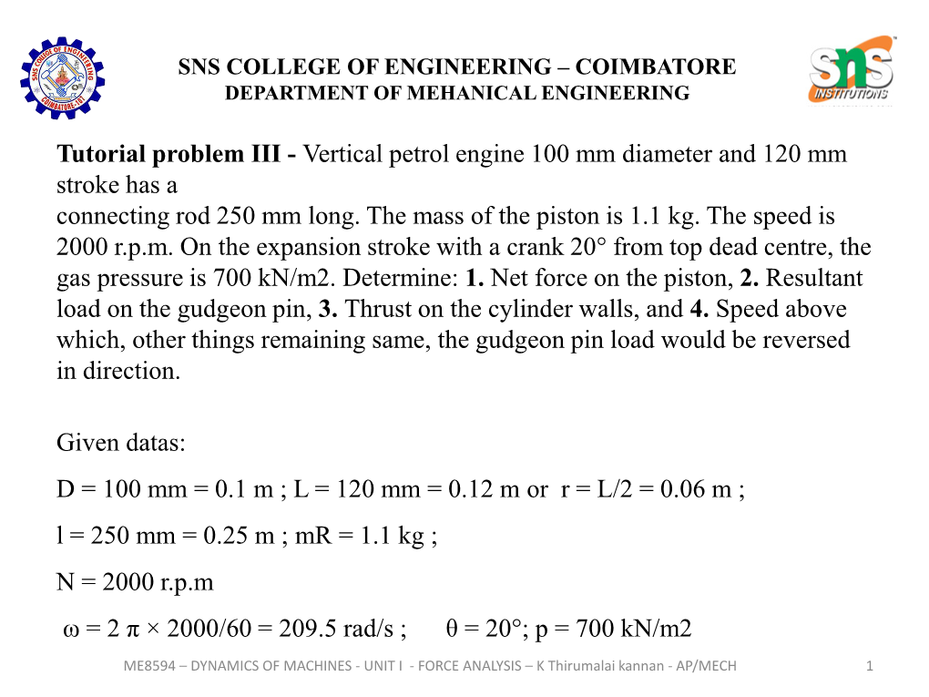 Tutorial Problem Iii Vertical Petrol Engine Mm Diameter And