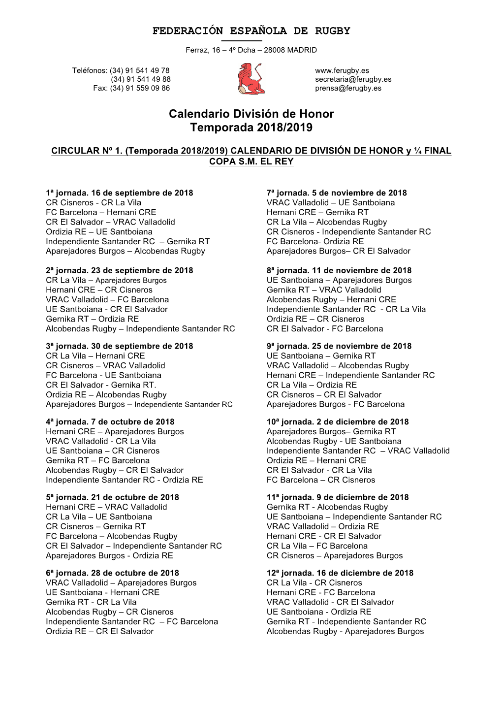 Federaci N Espa Ola De Rugby Calendario Divisi N De Docslib