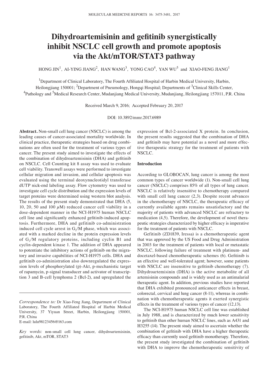 Dihydroartemisinin And Gefitinib Synergistically Inhibit NSCLC Cell