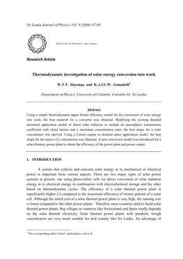 Thermodynamics of Solar Energy Conversion in to Work