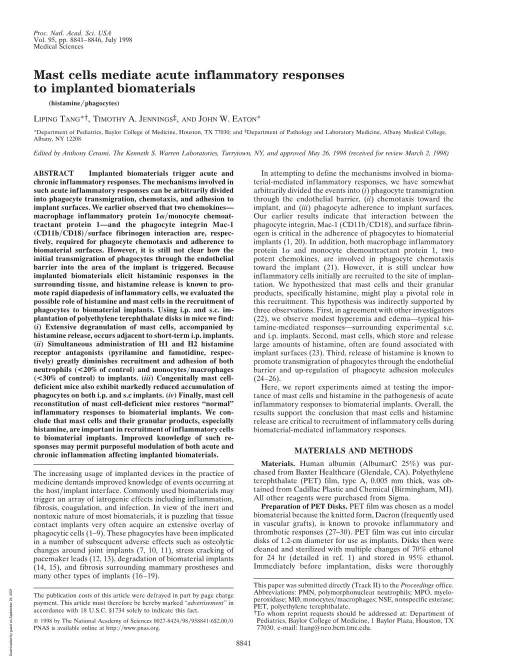 Mast Cells Mediate Acute Inflammatory Responses To Implanted