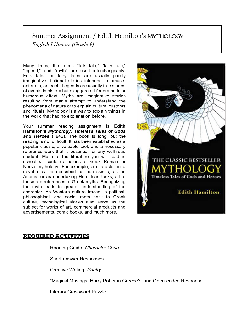 Summer Assignment Edith Hamilton S Mythology Docslib