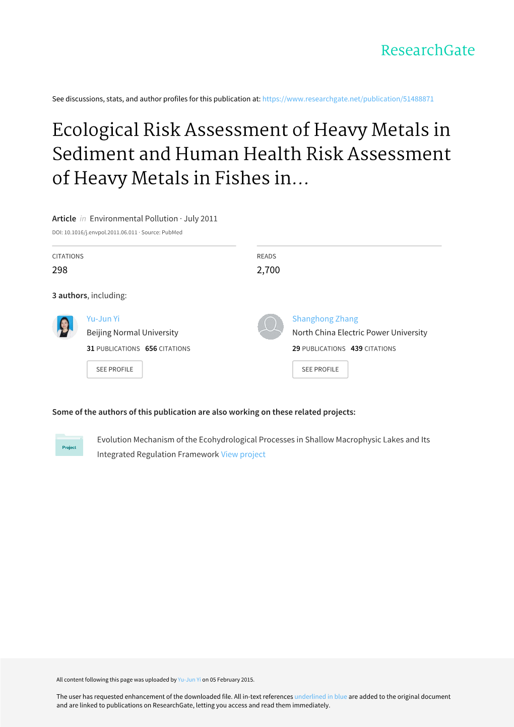 Ecological Risk Assessment Of Heavy Metals In Sediment And Human Health