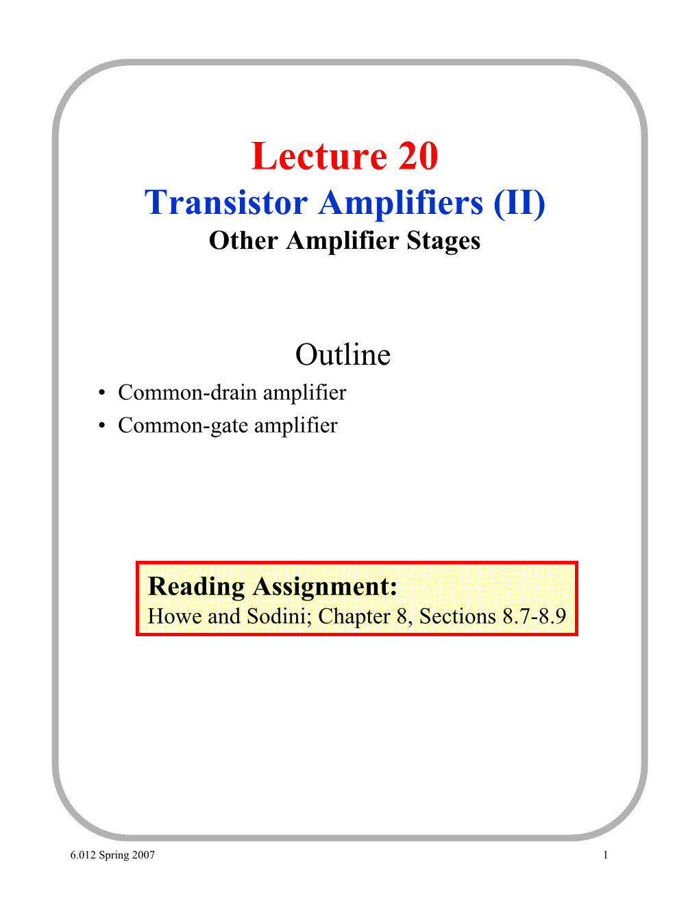 Lecture Transistor Amplifiers Ii Other Amplifier Stages Docslib