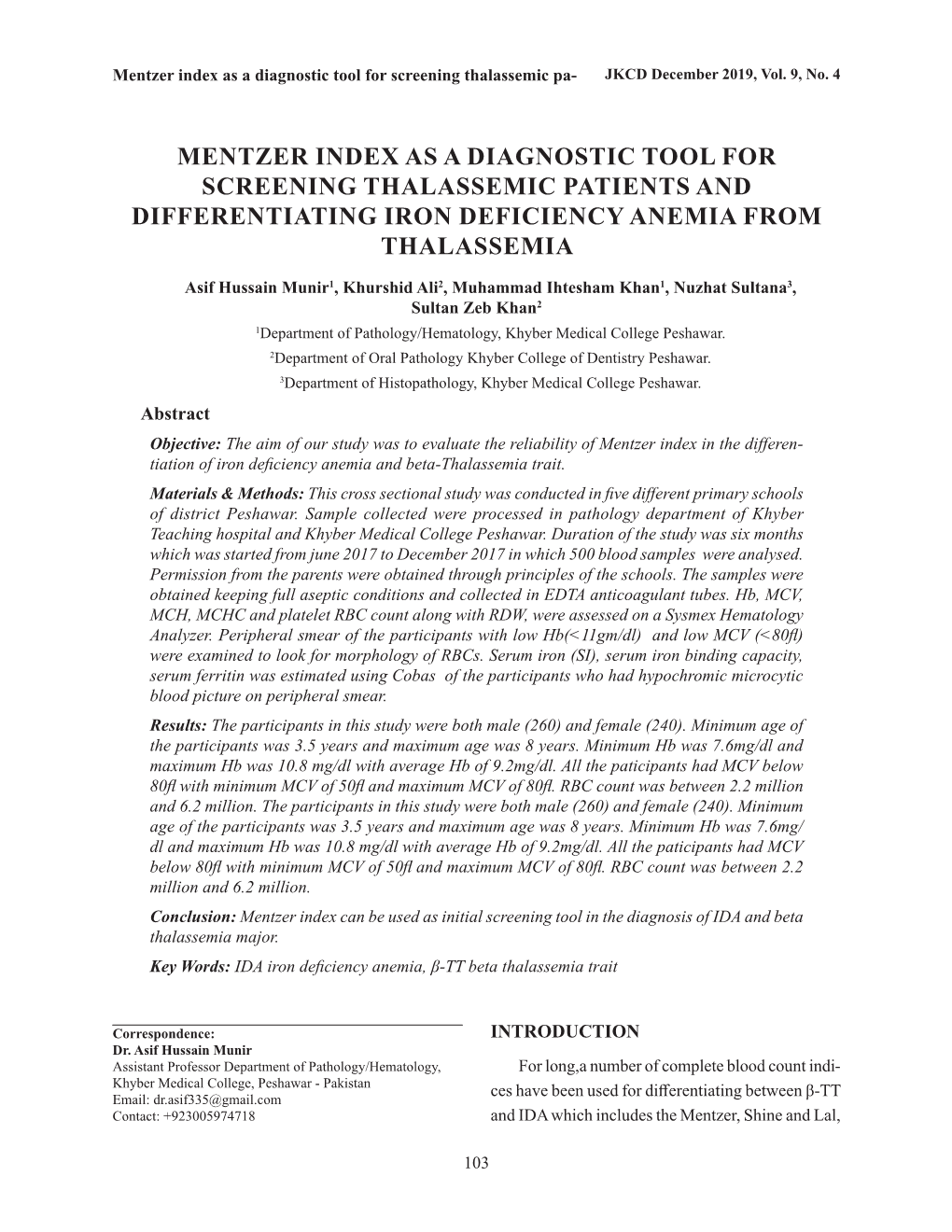 Mentzer Index As A Diagnostic Tool For Screening Thalassemic Patients