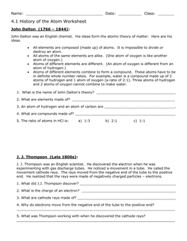 4.1 History of the Atom Worksheet