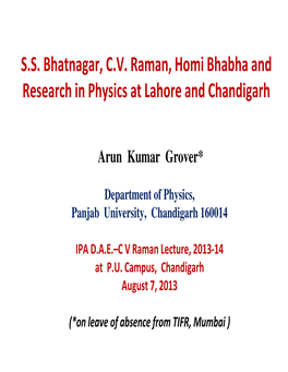 S.S. Bhatnagar, C.V. Raman, Homi Bhabha and Research in Physics at Lahore and Chandigarh