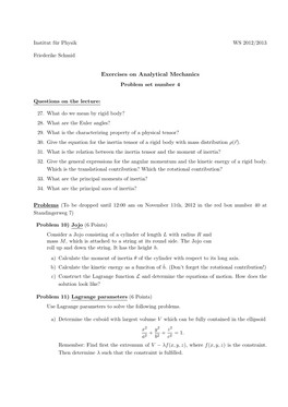 Exercises on Analytical Mechanics Problem Set Number 4