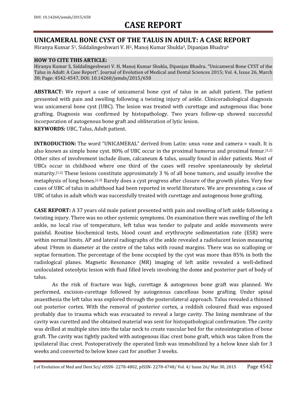 Case Report Unicameral Bone Cyst Of The Talus In Adult A Case Report