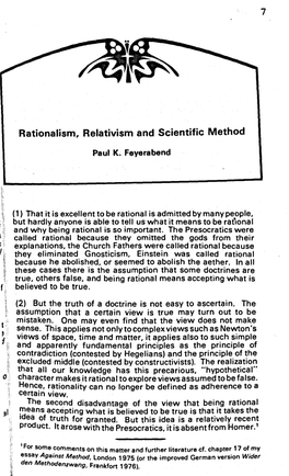 Rationalism, Relativism and Scientific Method
