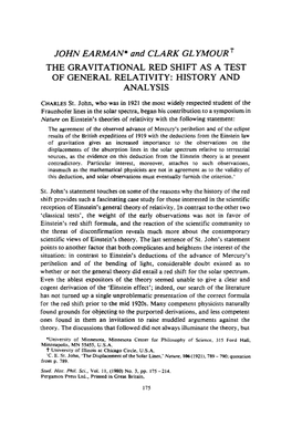 JOHN EARMAN* and CLARK GL YMUURT the GRAVITATIONAL RED SHIFT AS a TEST of GENERAL RELATIVITY: HISTORY and ANALYSIS