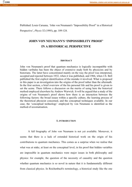 John Von Neumann's “Impossibility Proof” in a Historical Perspective’, Physis 32 (1995), Pp