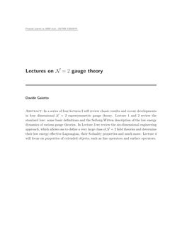 Lectures on N = 2 Gauge Theory