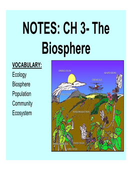 NOTES: CH 3- the Biosphere VOCABULARY: Ecology Biosphere Population Community Ecosystem 3.1 What Is Ecology?