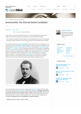 Sommerfeld: the Eternal Nobel Candidate Sommerfeld: the Eternal Nobel Candidate