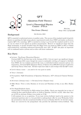 Quantum Field Theory) Level 4 Theoretical Physics Course - PT4.4 Web Site Tim Evans (Theory