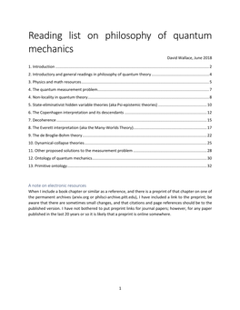 Reading List on Philosophy of Quantum Mechanics David Wallace, June 2018