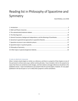 Reading List in Philosophy of Spacetime and Symmetry David Wallace, June 2018