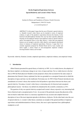 Relativity; Einstein; Lorentz; Empirical Equivalence, Empirical Evidence, Non-Empirical Virtues