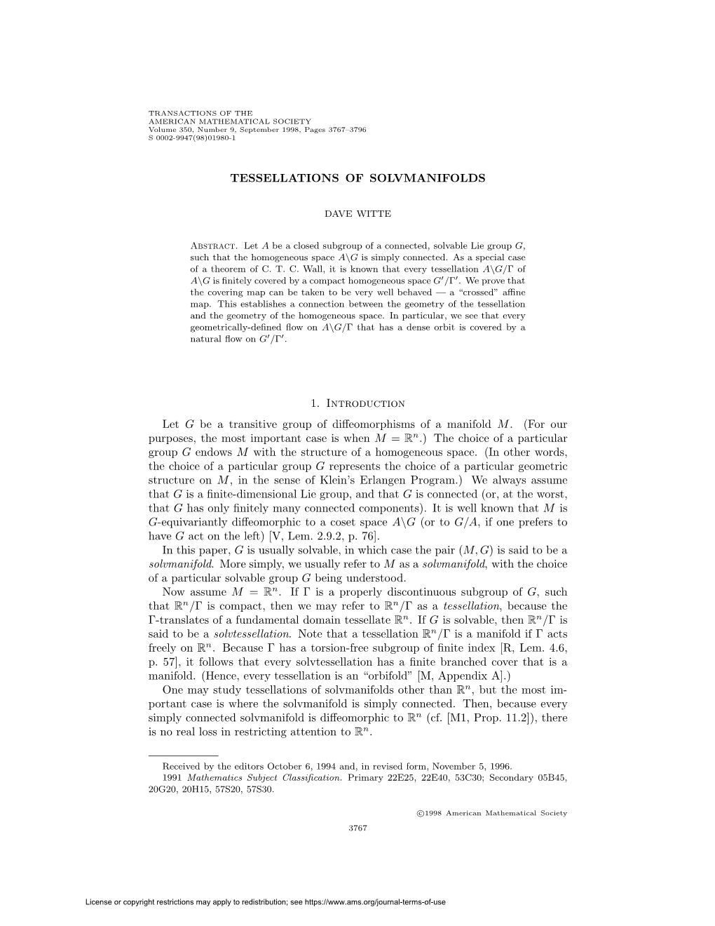 TESSELLATIONS Of SOLVMANIFOLDS 1 Introduction DocsLib