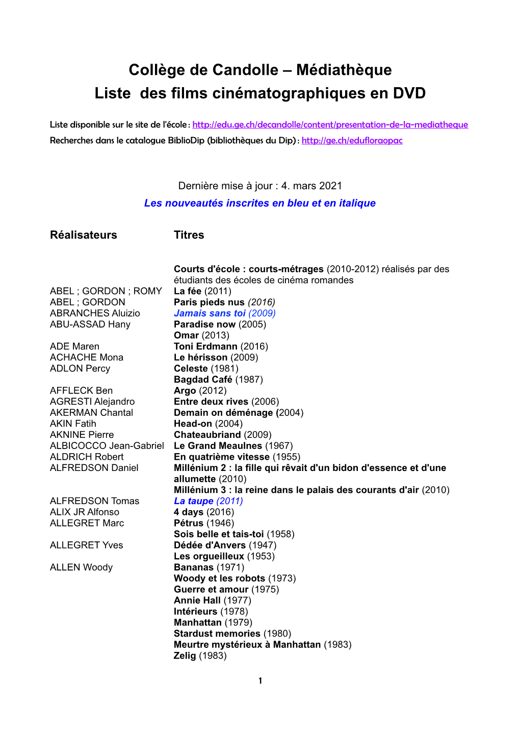 Collège De Candolle Médiathèque Liste Des Films Cinématographiques En