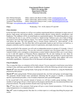 Experimental Physics Seminar PHYS 210, Spring 2006 Department of Physics Princeton University