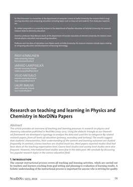 Research on Teaching and Learning in Physics and Chemistry in Nordina Papers