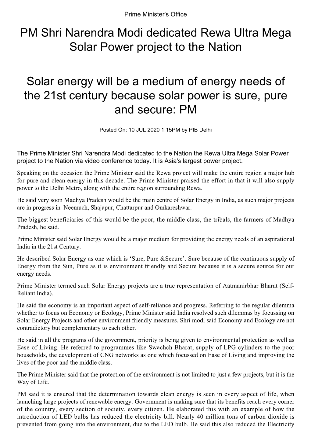 PM Shri Narendra Modi Dedicated Rewa Ultra Mega Solar Power Project To