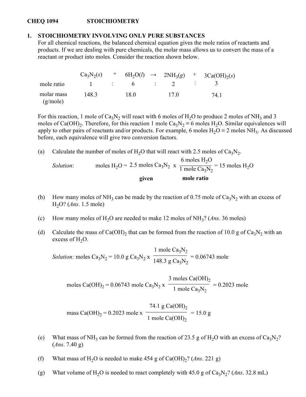 STOICHIOMETRY INVOLVING ONLY PURE SUBSTANCES For All Chemical Reactions