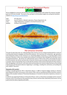 The Universe Unveiled Given by Prof Carlo Contaldi