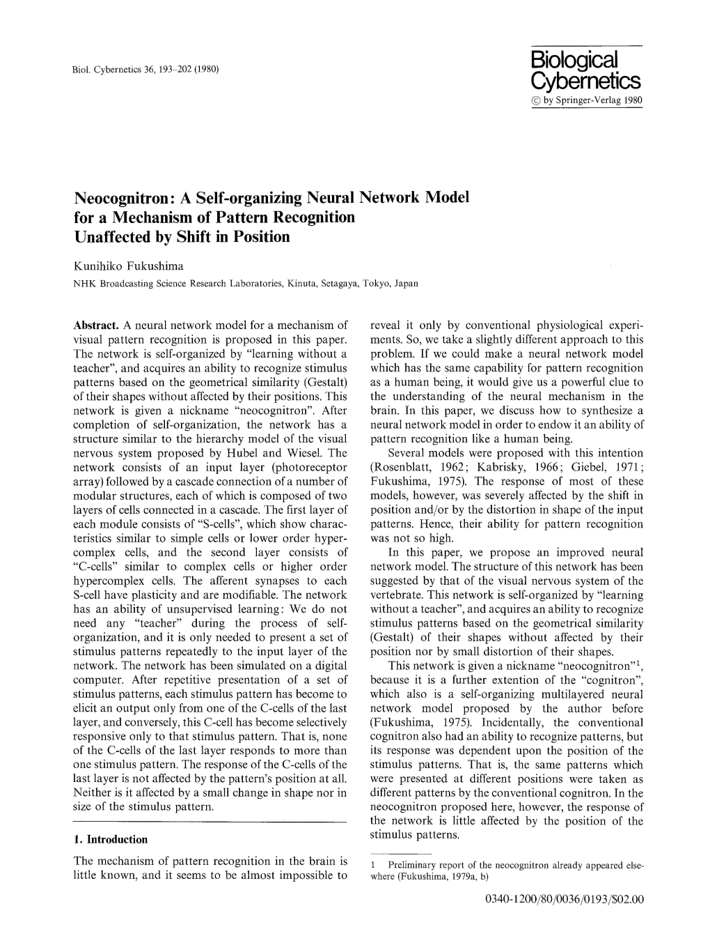 Neocognitron A Self Organizing Neural Network Model For A Mechanism Of