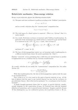 Relativistic Mechanics: Mass-Energy Relation 1