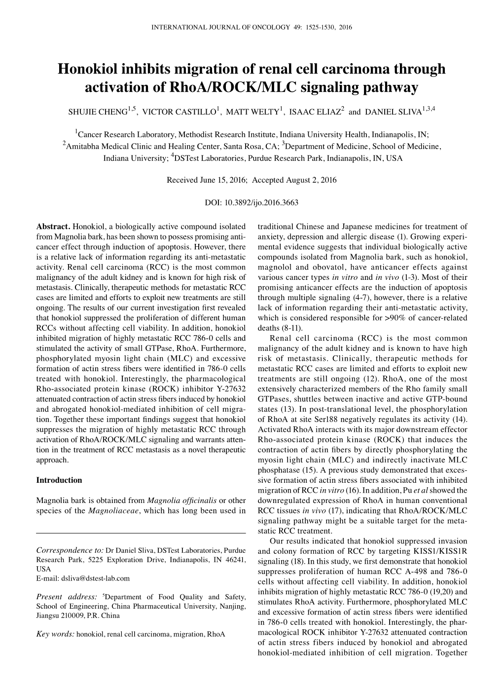 Honokiol Inhibits Migration Of Renal Cell Carcinoma Through Activation