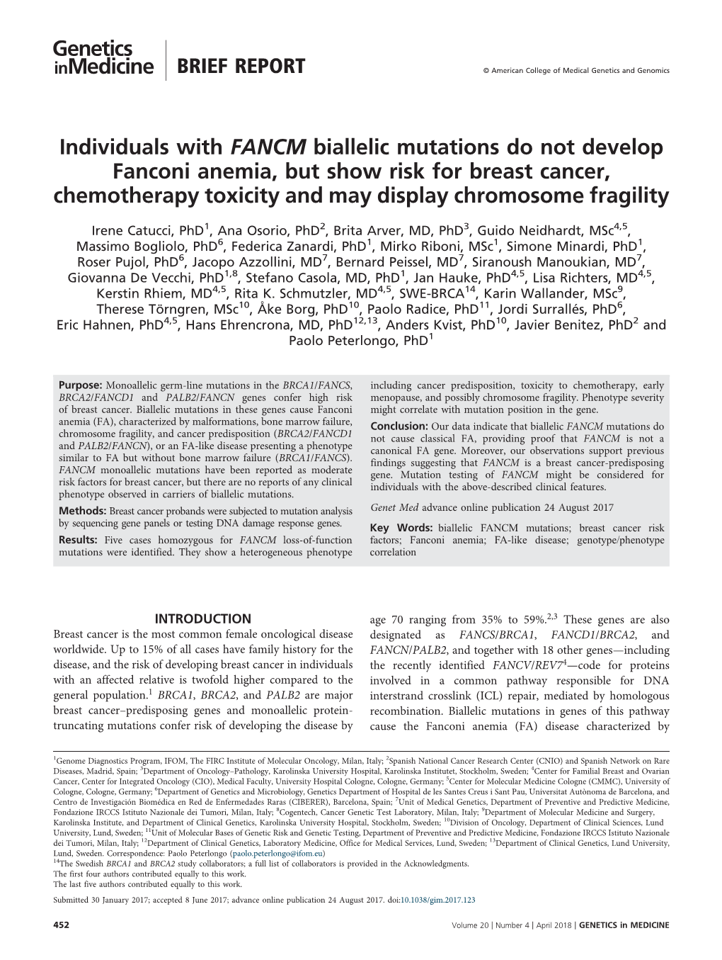 Individuals With FANCM Biallelic Mutations Do Not Develop Fanconi